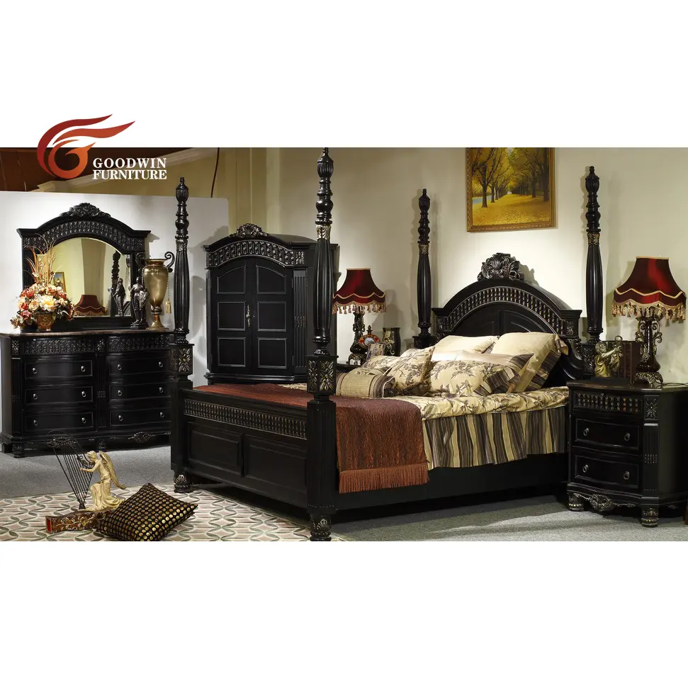 Meubles de chambre noir de style moyen-orient, grands carreaux (WA133), mobilier antique sculpté à la main, pour chambre à coucher de style arabe, offre spéciale