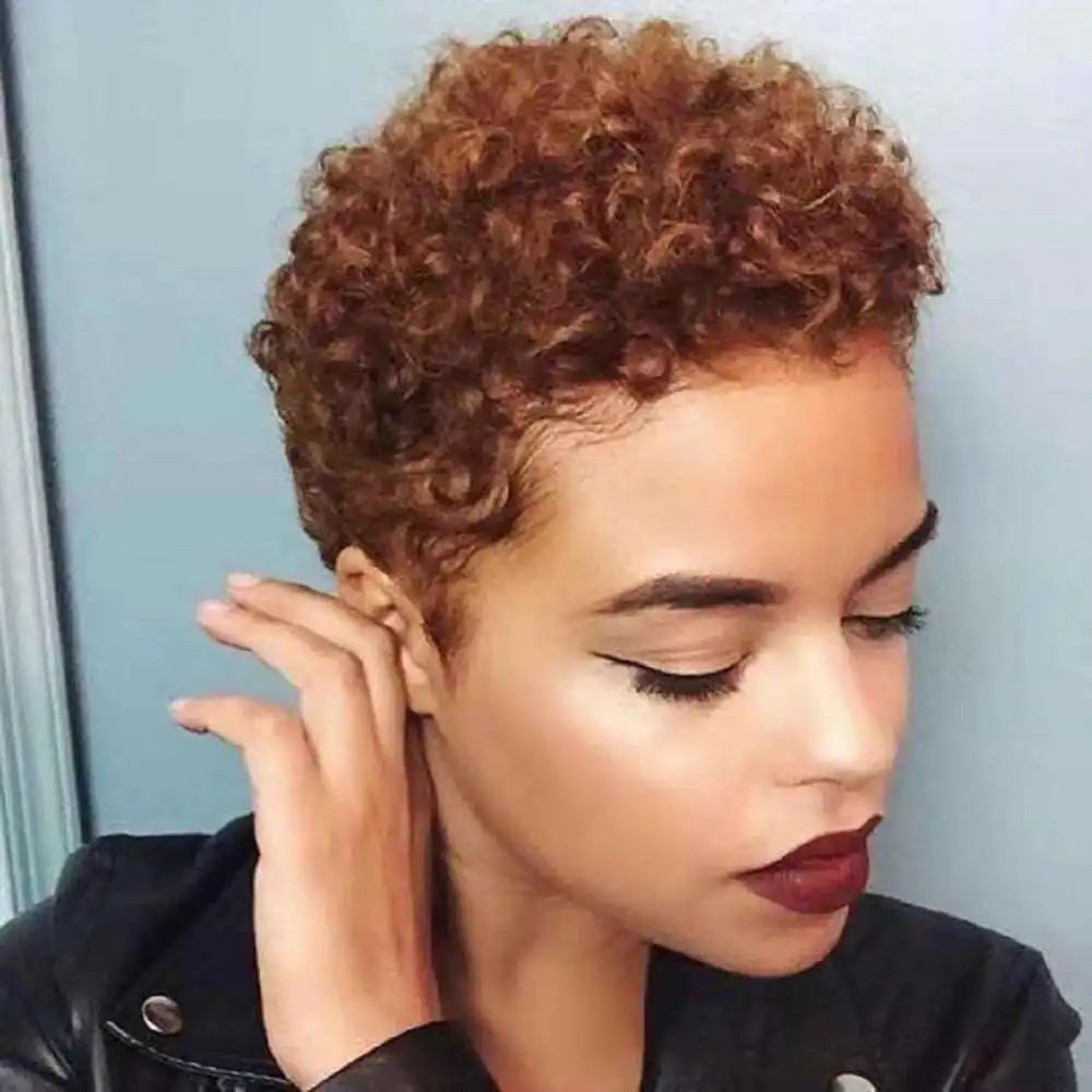 Peluca de cabello humano corto recto Ombre Color Pixie Cut Peluca de máquina completa para mujeres negras cabello humano Pixie peluca rizada