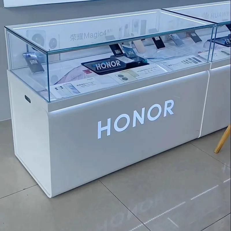 Fourniture d'usine smartphone téléphone mobile magasin vitrine en verre éclairage led logo armoire publicitaire en métal