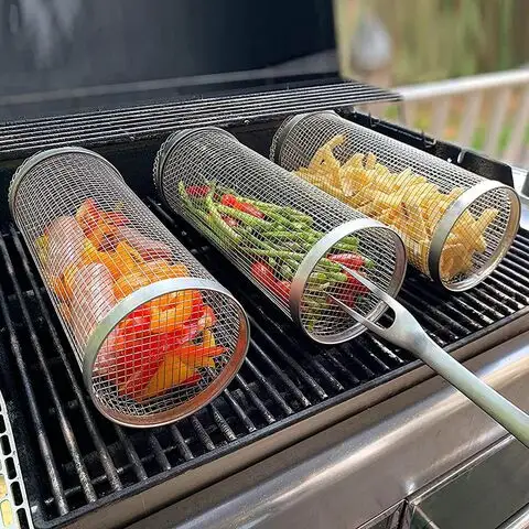 ตะกร้าย่างกลิ้งสําหรับย่างกลางแจ้ง Bbq หลอดสุทธิสแตนเลสขนาดใหญ่รอบตาข่ายหมุนบาร์บีคิว