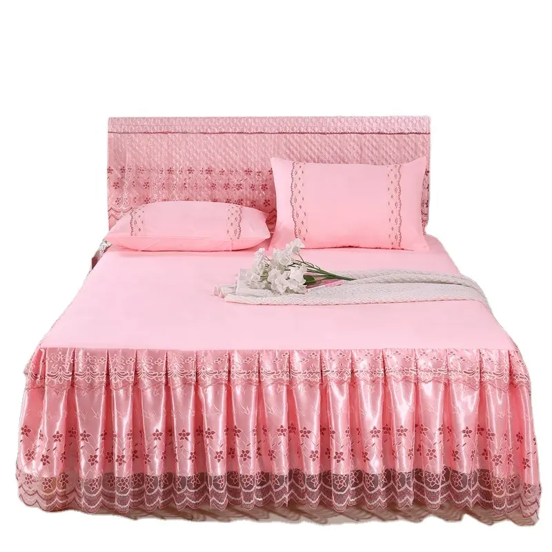 Al por mayor de poliéster Rosa decorativa hoja de cama colcha cama falda