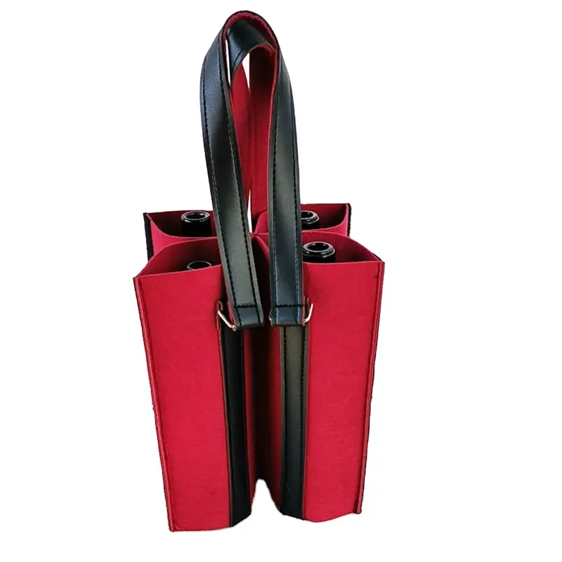2023 nuevo diseño personalizado rojo reutilizable portabotellas de vino 4 botellas fieltro bolsa de vino con asas de cuero