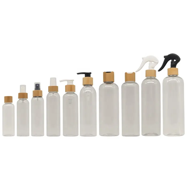 Pompe en bambou de matériau écologique pour pompe de pulvérisation en plastique pet transparent bouteille cosmétique avec buse couvercle en bois de bambou