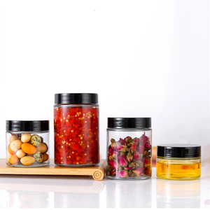 Food Grade Straight <strong>Round</strong> Clear Glass Storage Jar <strong>Container</strong> With Black Plastic Lid 100ml 180ml 280ml 380ml