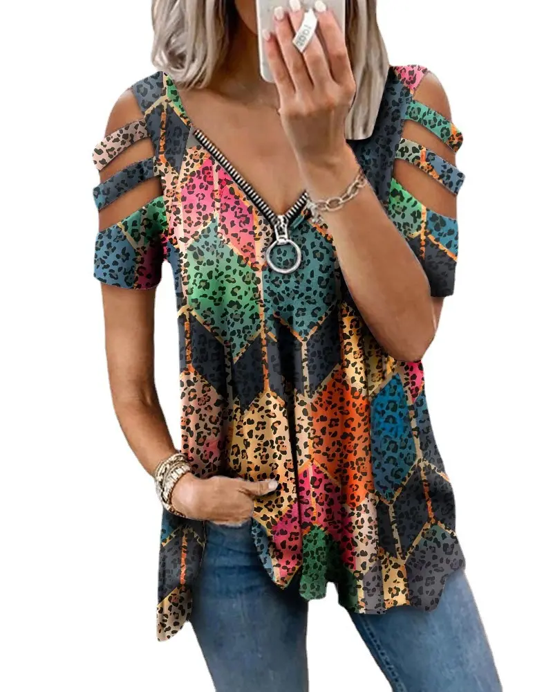 Camiseta calada con estampado Floral para mujer, Tops tipo túnica de girasoles