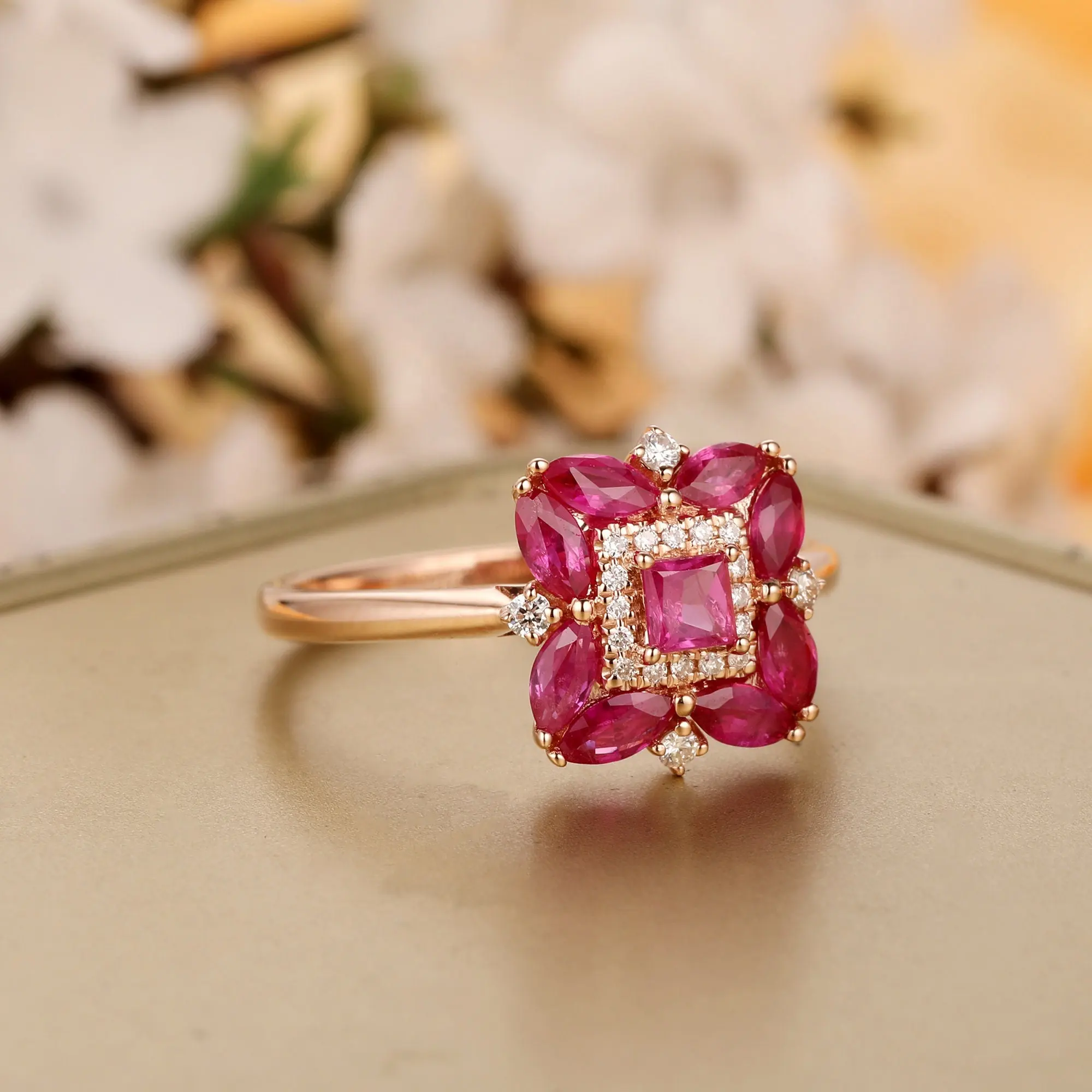 Su misura 14k oro rosa massiccio Halo Design Art déco principessa e Marquise taglio naturale rosso rubino anello per donna