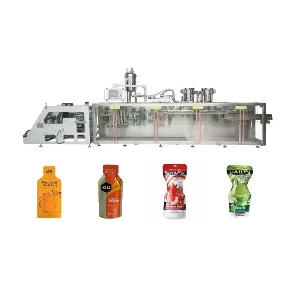 Empaquetadora doypack estándar dúplex horizontal, máquina envasadora para bebidas energéticas, jugo, leche, bebidas, máquina envasadora automática de llenado de bebidas