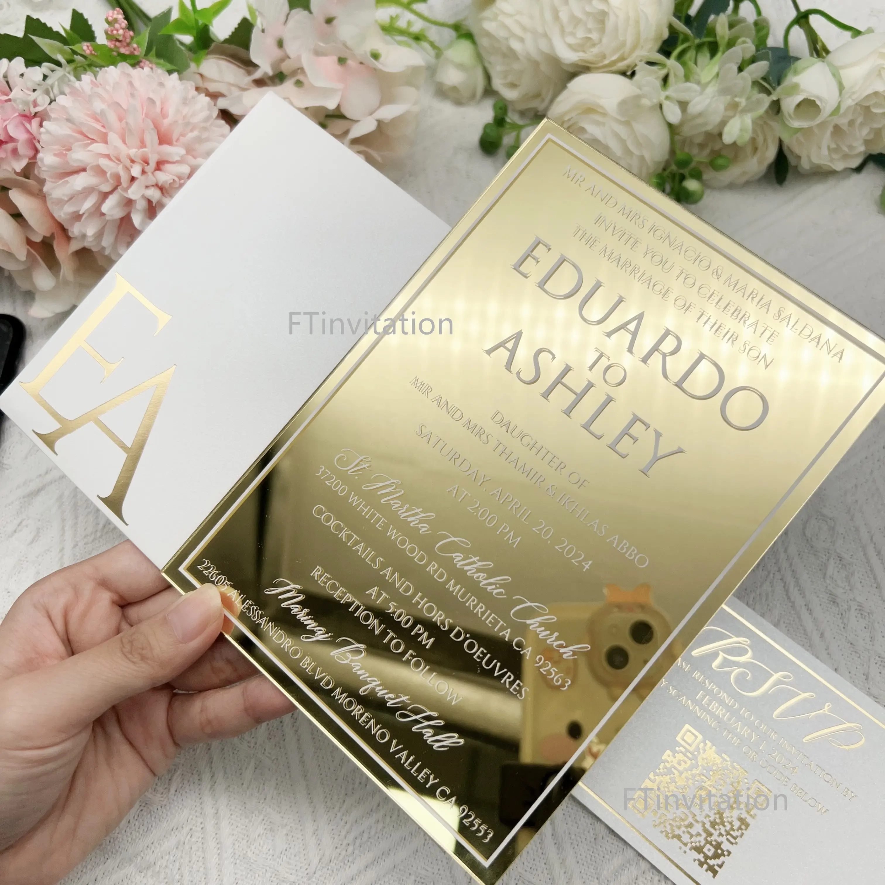 Impresión personalizada de espejo dorado acrílico invitaciones Tarjeta de invitación de boda con sobre