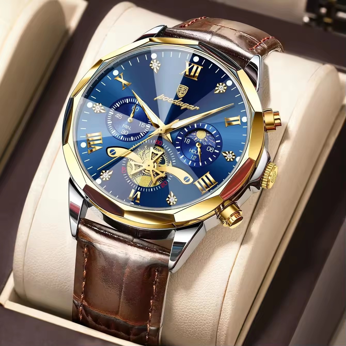 blue dial silver gold case