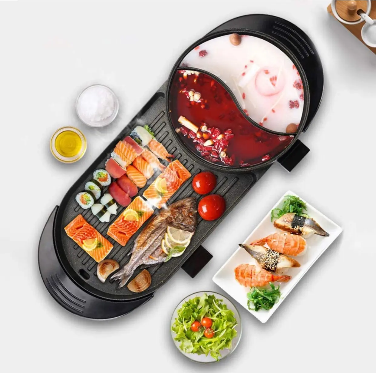 Indoor 2 In 1 Hot Pot dengan Grill Outdoor Korea Tanpa Asap BBQ Grill Non Stick Pan 2-12 Orang