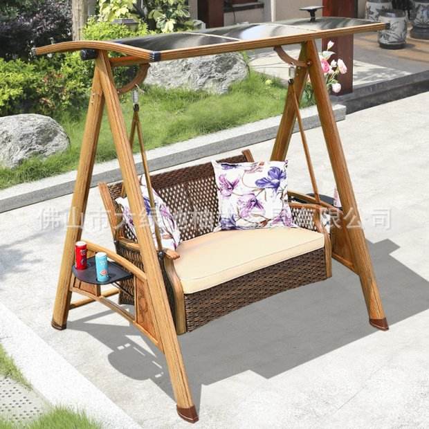 Color de veta de madera, ratán en forma de A, columpio solar doble