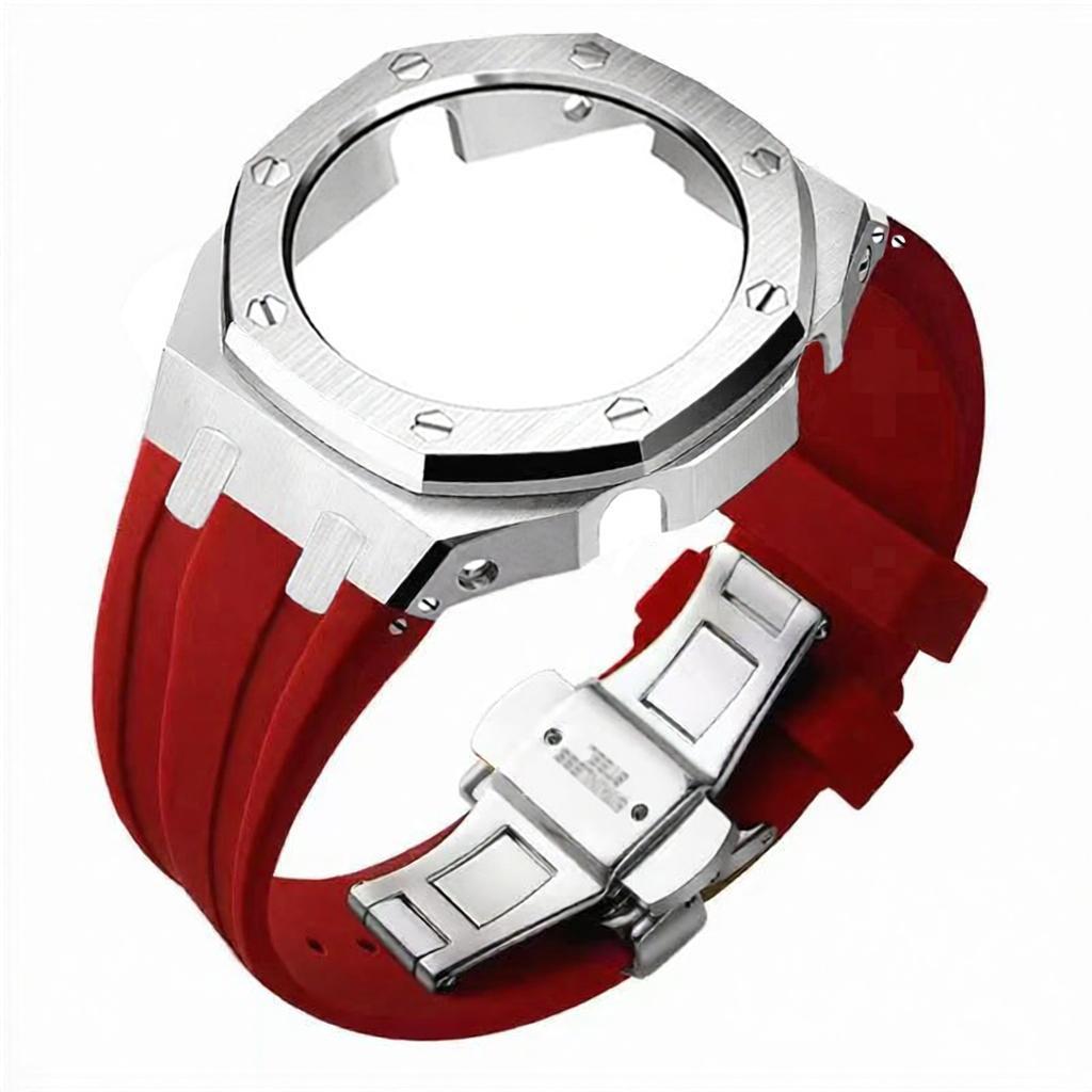 boîtier argenté bracelet en silicone rouge