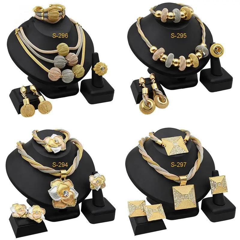Moyen-Orient populaire 18 K plaqué or bijoux de mariée grands ensembles pour femmes indien quatre pièces boucle d'oreille et collier bracelet anneau ensemble