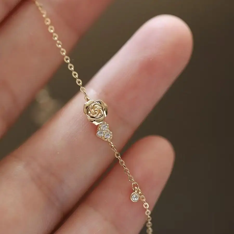 Día de San Valentín moda S925 plata esterlina Rosa delicada pulsera 14K chapado en oro joyería fina regalos para mujeres damas