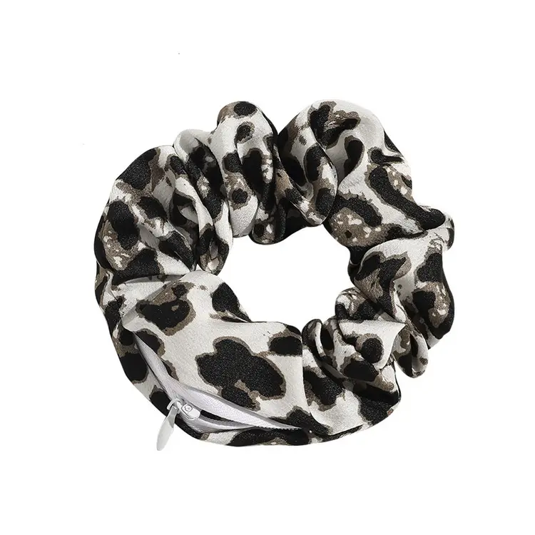 Scrunchies tascabili leopardati in raso di seta all'ingrosso con cerniera nascosta elastici per capelli da donna