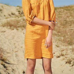 定制2024女士因果方领半短纯色简约白色亚麻棉粉扑袖夏季迷你连衣裙女散装