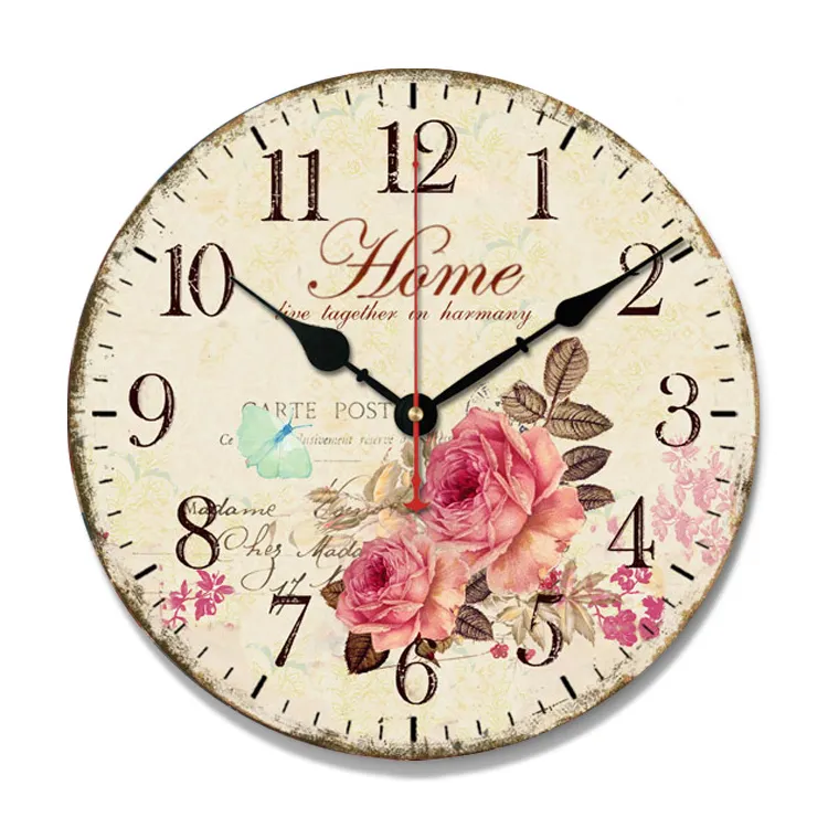 Orologio rotondo di legno di stampa all'ingrosso/su misura, orologio da parete rotondo decorato, orologio di legno del salone