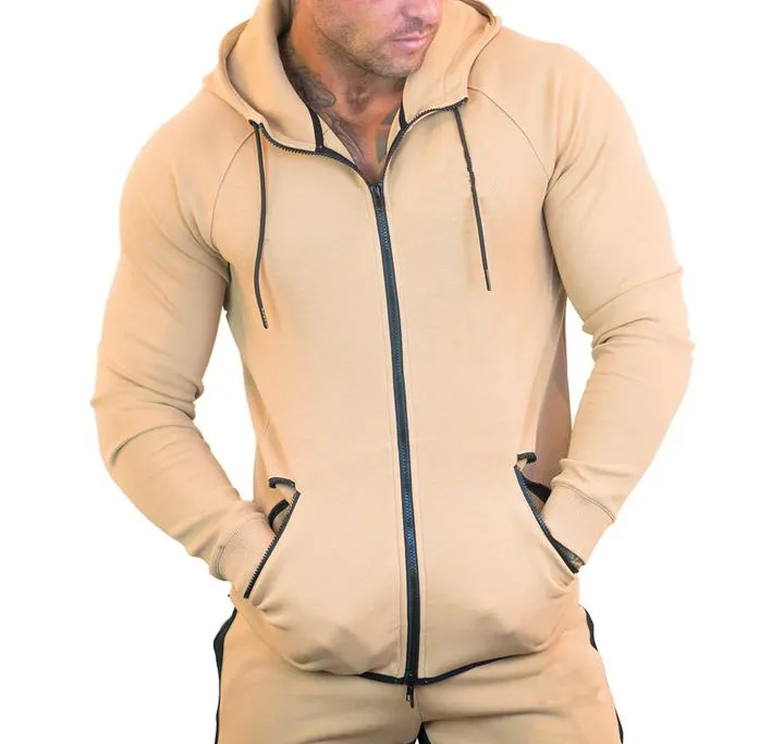 Maxgarment-Sudadera con capucha para hombre, de alta calidad, lisa, con cremallera completa, Color Beige, dos tonos, de algodón, para gimnasio