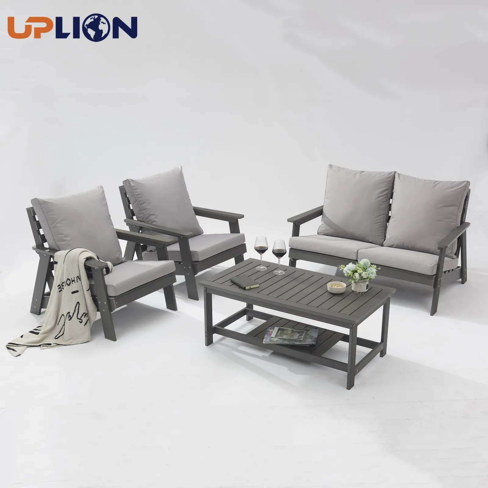 Uplion أثاث خارجي للماء حديقة مجموعة مقاعد الطاولة الفناء البلاستيك مجموعة أريكة خشبية