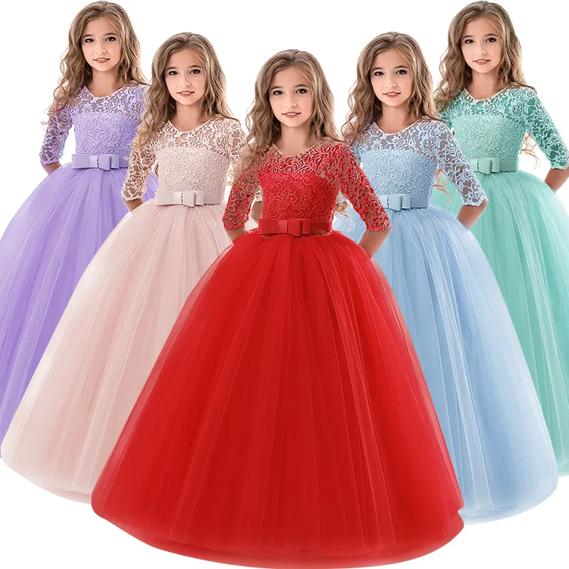 Vestidos infantis de 6-14 anos, floridos, com renda, roupas para meninas, princesa, festa, vestidos longos para crianças, vestidos para casamento, roupas de noite