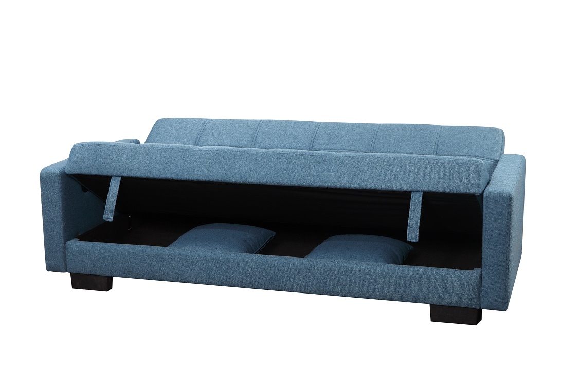 Comfortable blue color modern transformable fabric sofa bed folding futon with USB