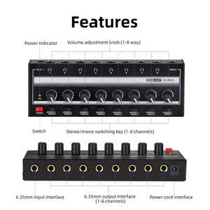 Amplificador de auriculares de monitoreo de ocho vías, distribuidor de señal de amplificador de auriculares, monitoreo de una entrada y ocho salidas, 1 de 8 vías