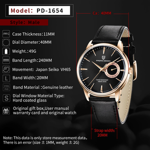 Pagani tasarım PD-1654 lüks marka kuvars bilek saatler erkekler için hakiki deri Analog ay saat 100m su geçirmez erkek izle