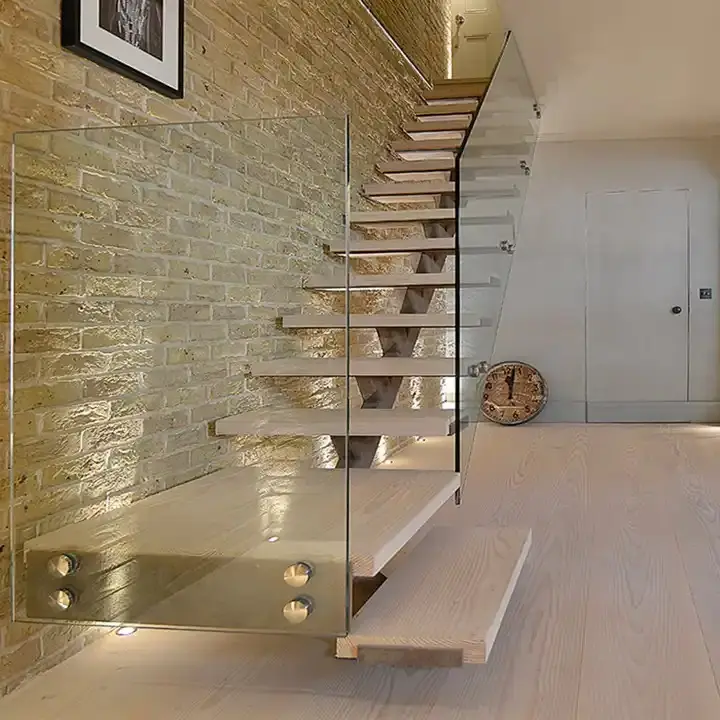 Foshan iç Mono ışın kapalı Modern merdiven tasarım cam korkuluk ile ahşap merdiven basamakları merdiven