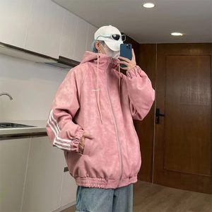 MINGHOTT yeni amerikan Metal dekorasyon pembe yaka deri ceket standı gevşek eşleştirme çift ceket erkek kadın moda marka - Product Image 4