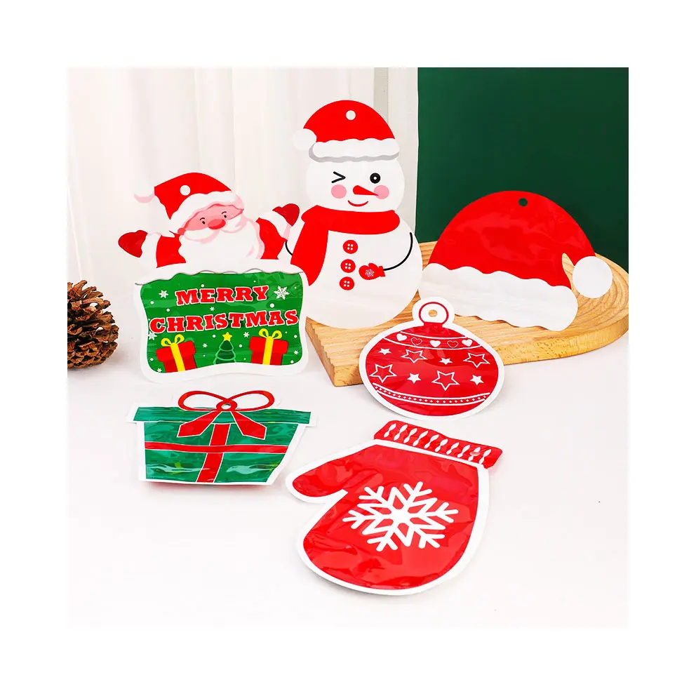 Bolsa de embalaje de dulces con forma de árbol de Navidad decorativo impreso personalizado, bolsa de plástico con cremallera de Mylar holográfica