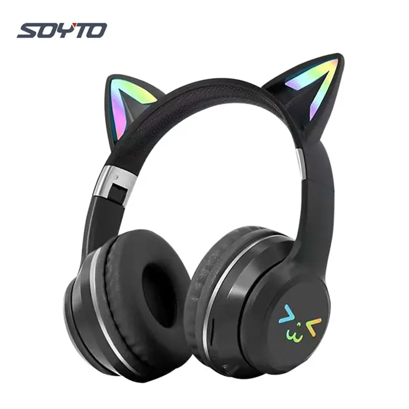 Shuoyin BT612 Fones de ouvido sem fio com orelhas de gato, fones de ouvido RGB LED dobráveis para jogos infantis, fones de ouvido sem fio com orelhas de gato