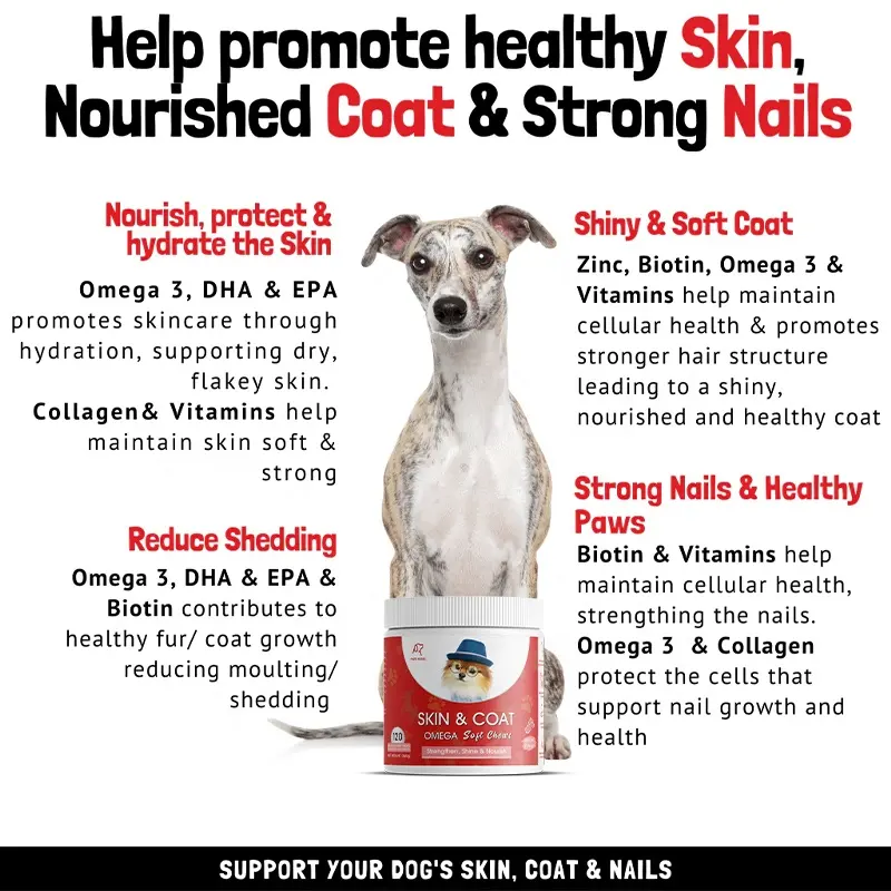 Reduce la caída, nutre la capa, hidrata la piel y fortalece las uñas, trata para perros, Omegas, vitaminas, minerales, suplemento para perros