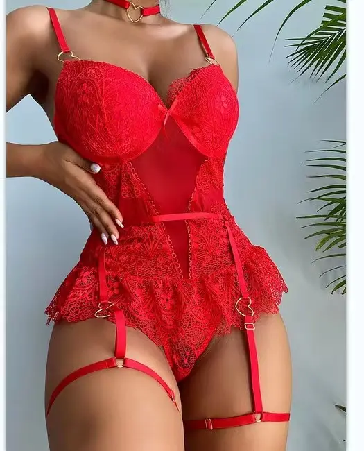 Venta al por mayor de lencería monos sujetador acolchado conjunto ligas cinturón Sexy encaje ropa interior Lencería Mujer