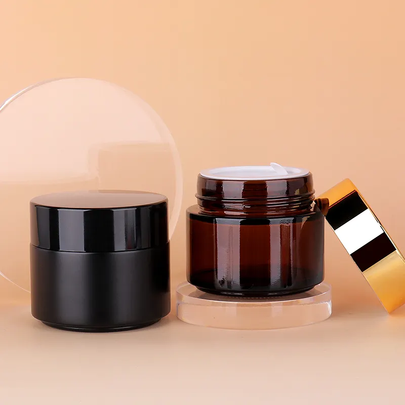 Pots ronds en verre ambré avec couvercles noirs Pots vides pour la fabrication de bougies Contenants cosmétiques pour crème, lotion, beurre corporel Produit de beauté