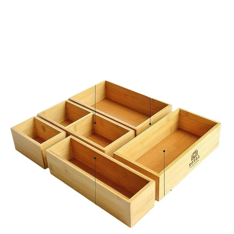 Venta al por mayor de múltiples cajones de bambú, organizador de 6 cajas de almacenamiento, juego de divisores, cajones, cajas de almacenamiento de madera para manualidades, costura, Oficina