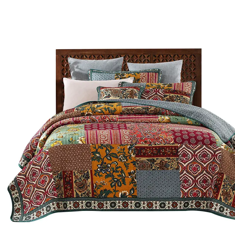 Conjunto de colcha de algodão com costura real, conjunto de cama boêmio com estampa floral, king size, capa de patchwork para cama