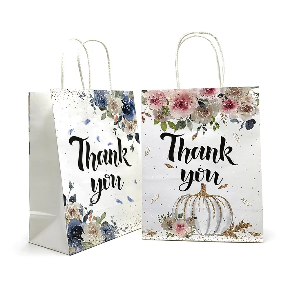 Eslogan personalizado Gracias Bolsas de regalo con asa Flor de acuarela Bolsas de papel biodegradables