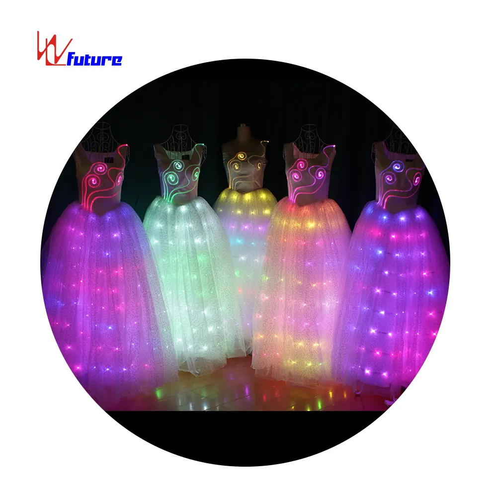 WL-049 serat optik & LED gaun panjang putri gaun pernikahan kinerja memakai gaun pesta malam Rave kostum peri