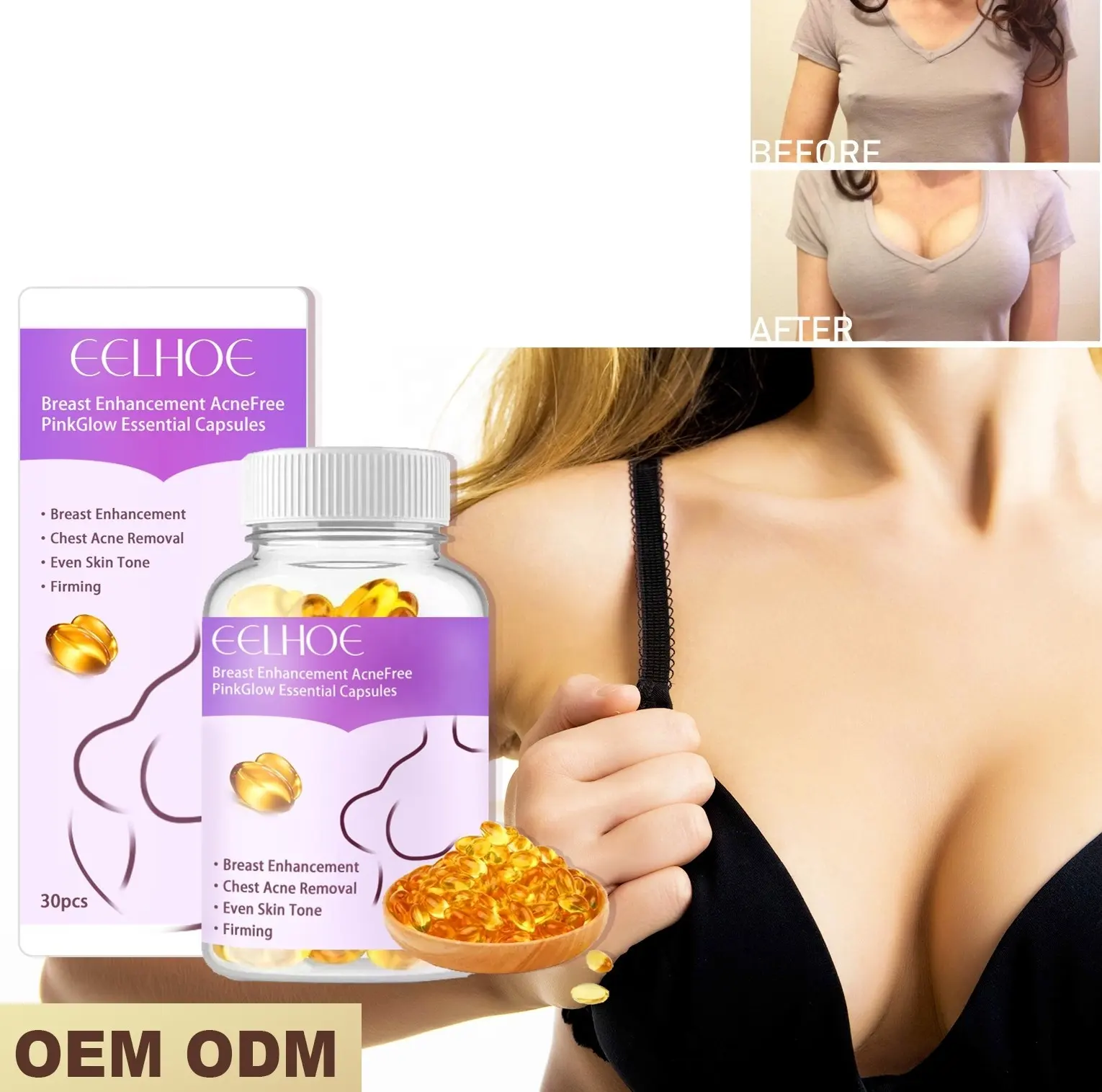 EELHOE 100% Natural Boob Enhancement sin acné Pink Glow Hidratante Reafirmante Plump Breast Tight Ampliación Cápsulas de aceite