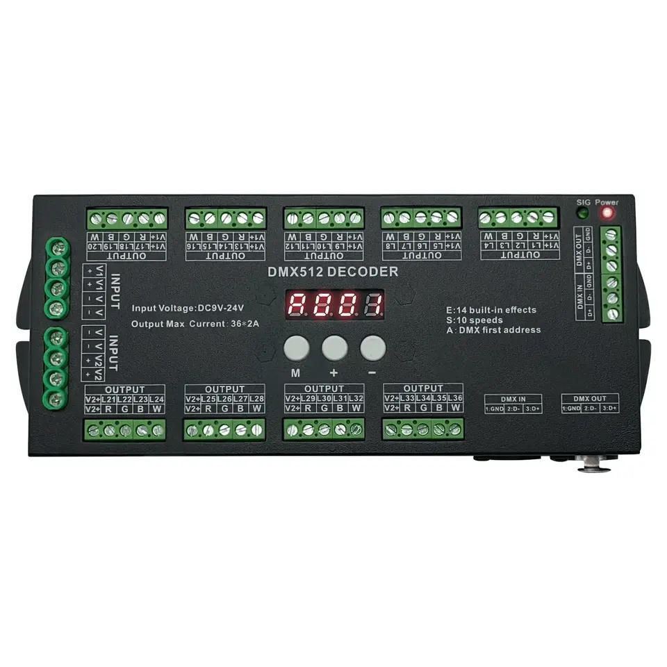 Display digitale a 36 canali DMX512 Decoder a tensione costante Driver DMX per RGBW Led Strip Light 4CH * 9 gruppi connettore XLR 36 C