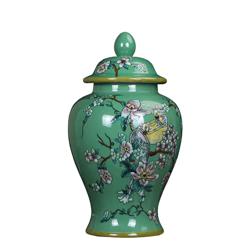 Jingdezhen pintado a mano verde flor pájaro antiguo chino porcelana tarro Hotel decoración general tarro personalizado fabricante