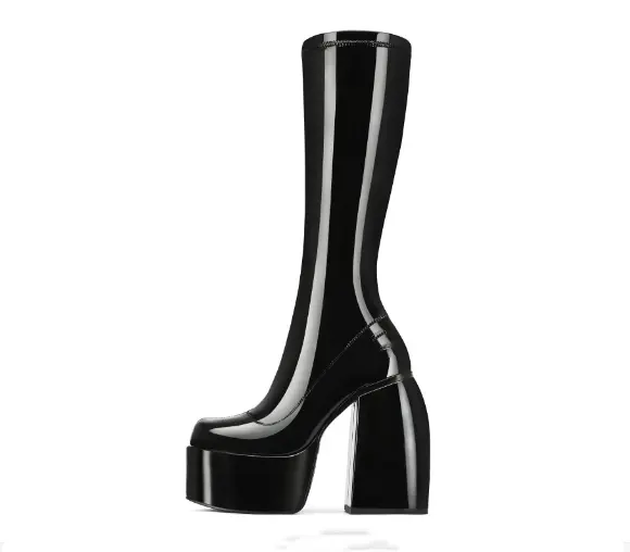 Custom Ladies High Knee Boots High Stretch Black Patent Leather Block Heel Women Platform Boots