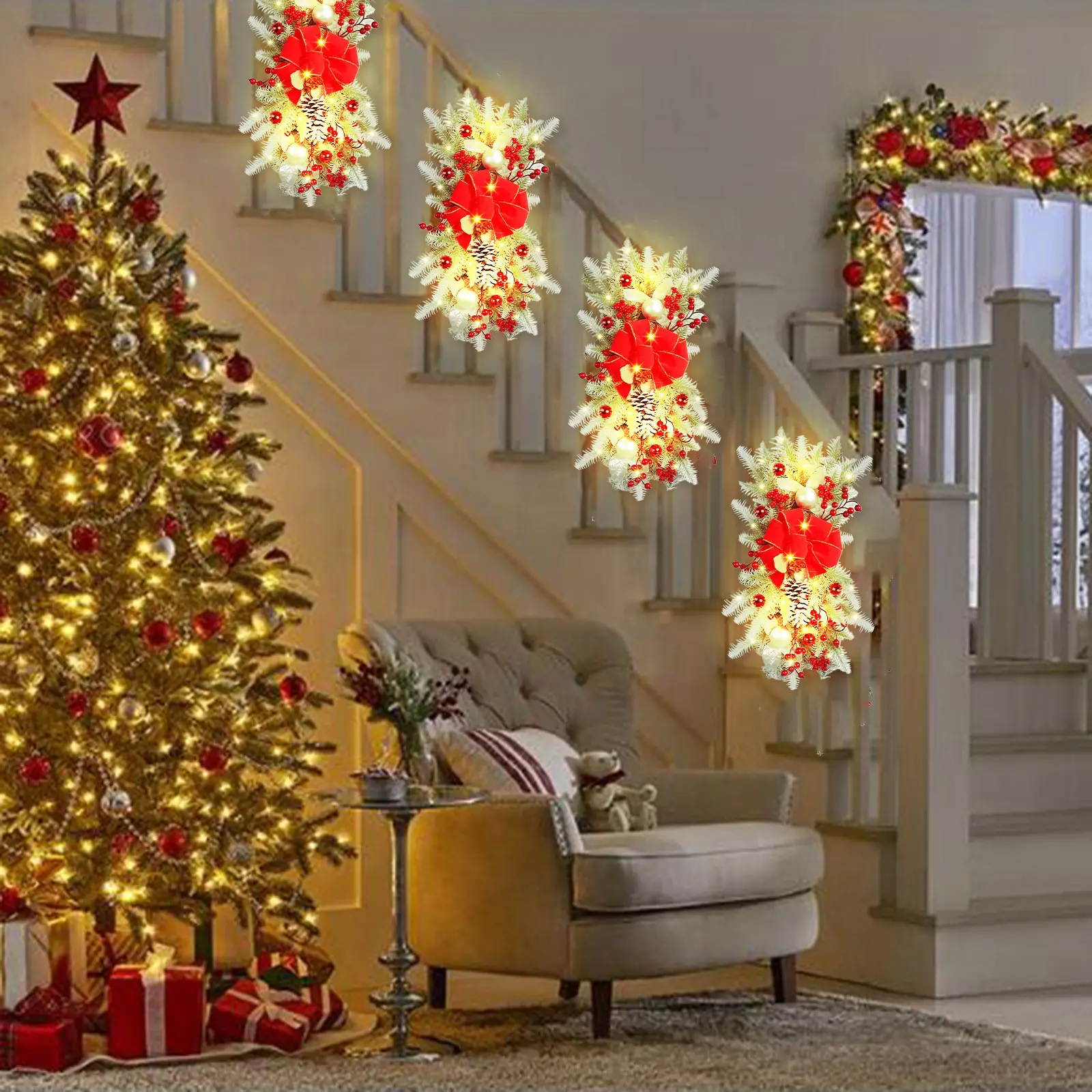 Pendentif de rideau en rotin de couronne de Noël lumineux à LED pour la maison Escalier et porte à l'envers Élément décoratif suspendu