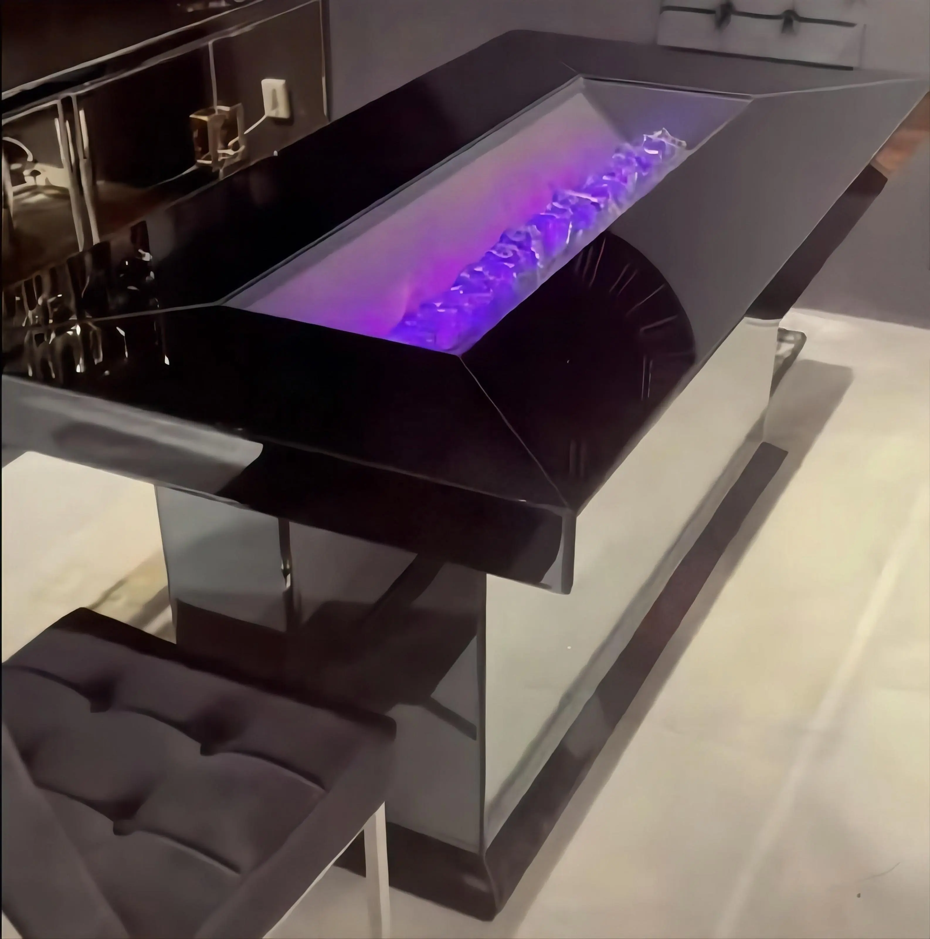 Mesa de jantar retangular moderna espelhada, mesa estacional retangular com inserção de caixa de fogo de lareira, 2021