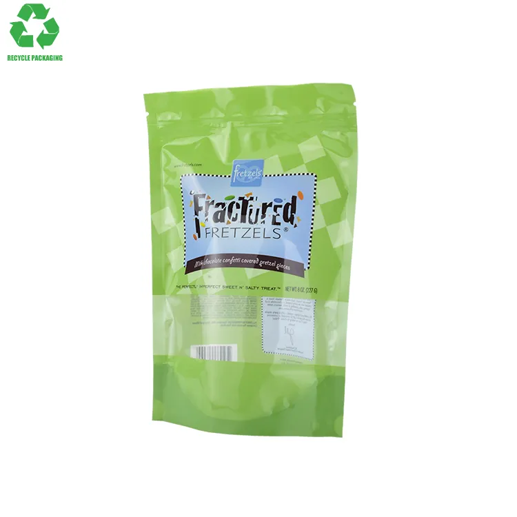 Bolsas de embalaje Doypack reciclables de fábrica de China, 2Oz, 80 micras, verde, Flexible, de plástico PE único, esquina redonda, sombreado, granos de café