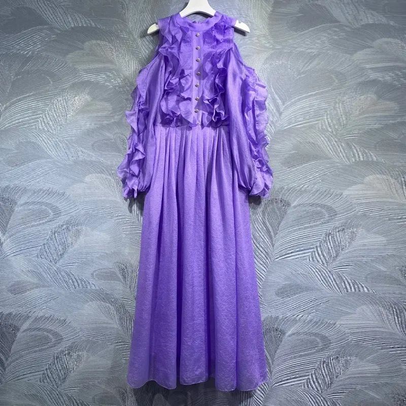 Top Quality New 2023 Summer Long Dress Women Ruffle Floral Deco Long Sleeve Casual Party Evening Purple Maxi Dress Festival