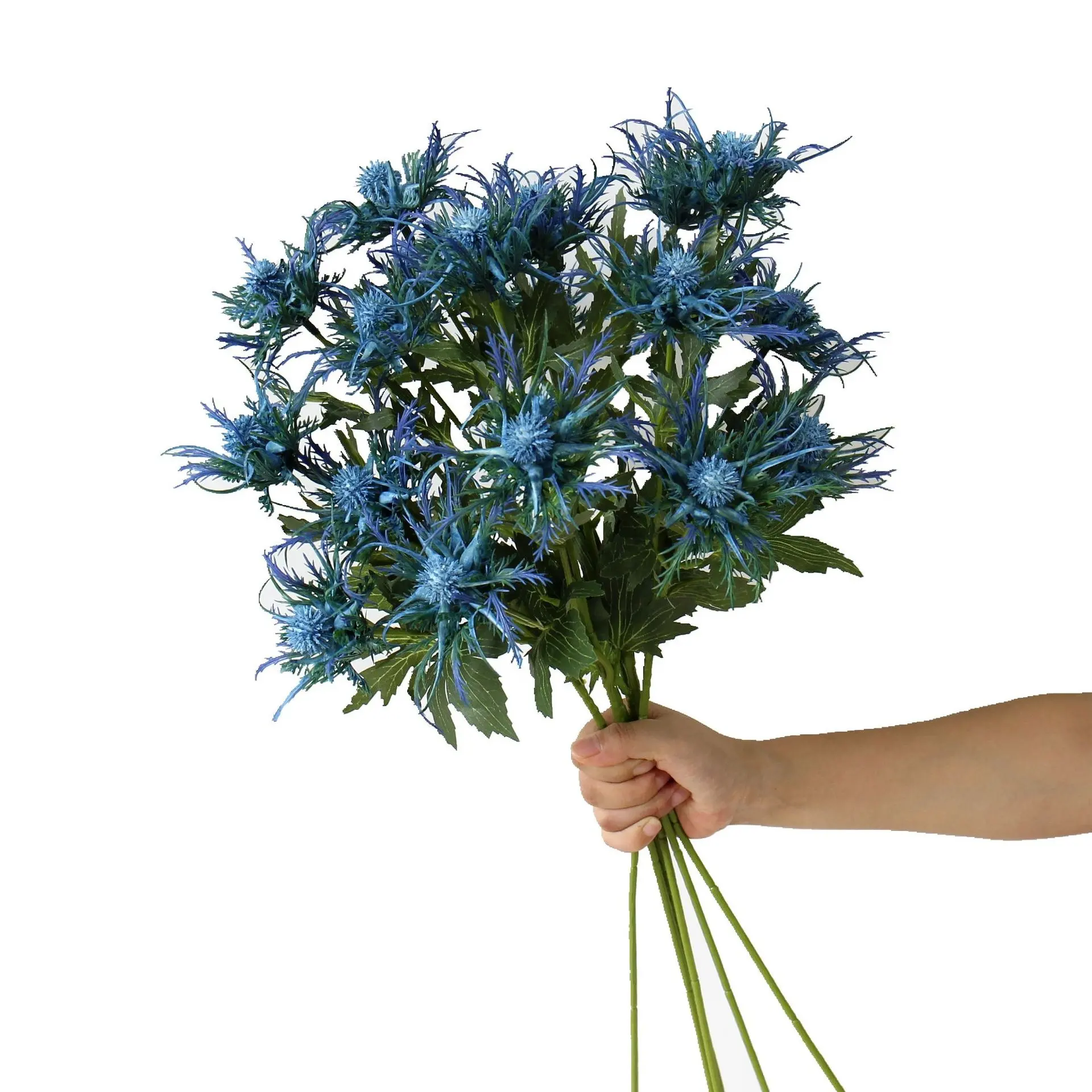 M124 DIY الاسكتلندي ريفي باقة الزفاف محور ديكور المنزل هولي الجذعية طويلة الحرير الاصطناعي Eryngiums Blue Thistle زهرة
