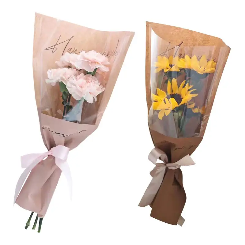 20 pz/lotto sacchetto di fiori di plastica Kraft colore trasparente fiore di rosa Bouquet floreale carta da imballaggio per materiali fioristi