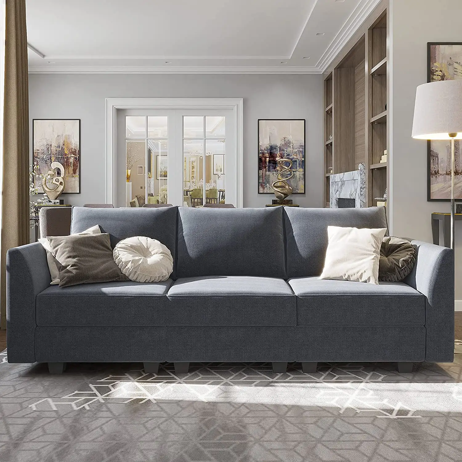 Mobili per la casa moderni grigio bluastro soggiorno divano modulare in legno divano imbottito in tessuto di poliestere per piccolo appartamento