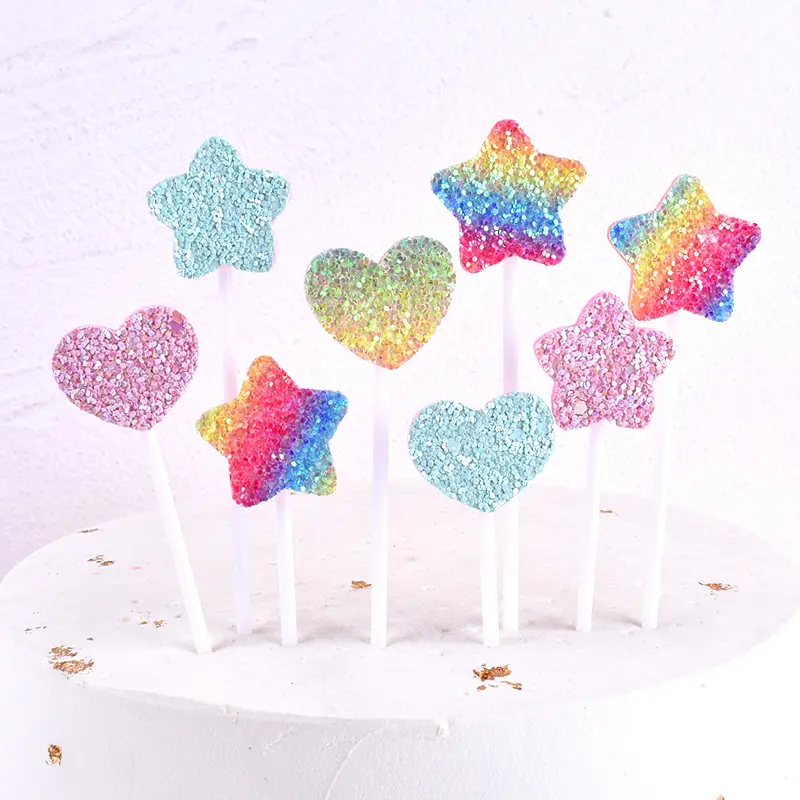 5 adet Glitter yıldız kalp kek dekorasyon gökkuşağı ünikorn parti Cupcake Toppers